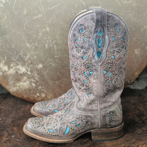 CORRAL A1149 brown studded leather cowgirl western boots turquoise inlay sz 7 - Picture 3 of 16